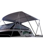 Bimini-Top Sport mit 3 Bögen in blau, montiert auf einer Flybridge
